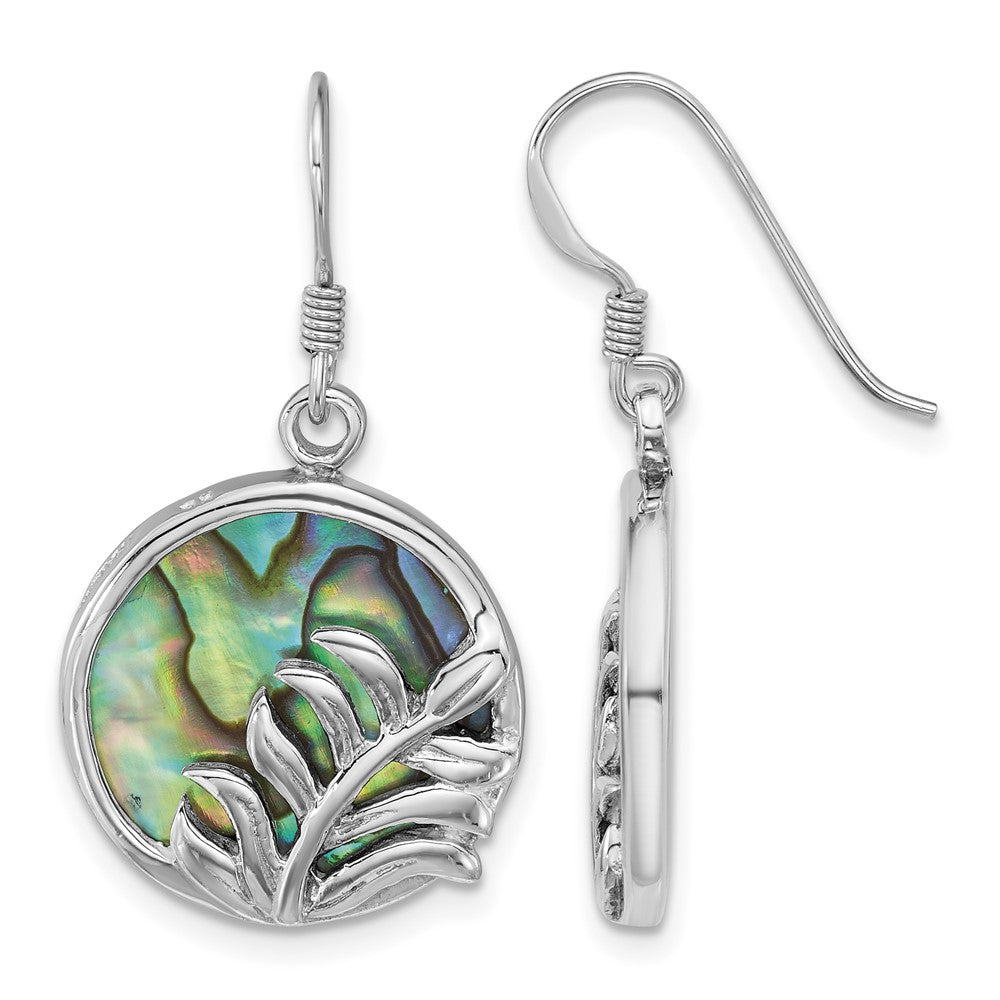 Sterling Silver Rhod-plated Polish Abalone Round w/Leaves Earrings