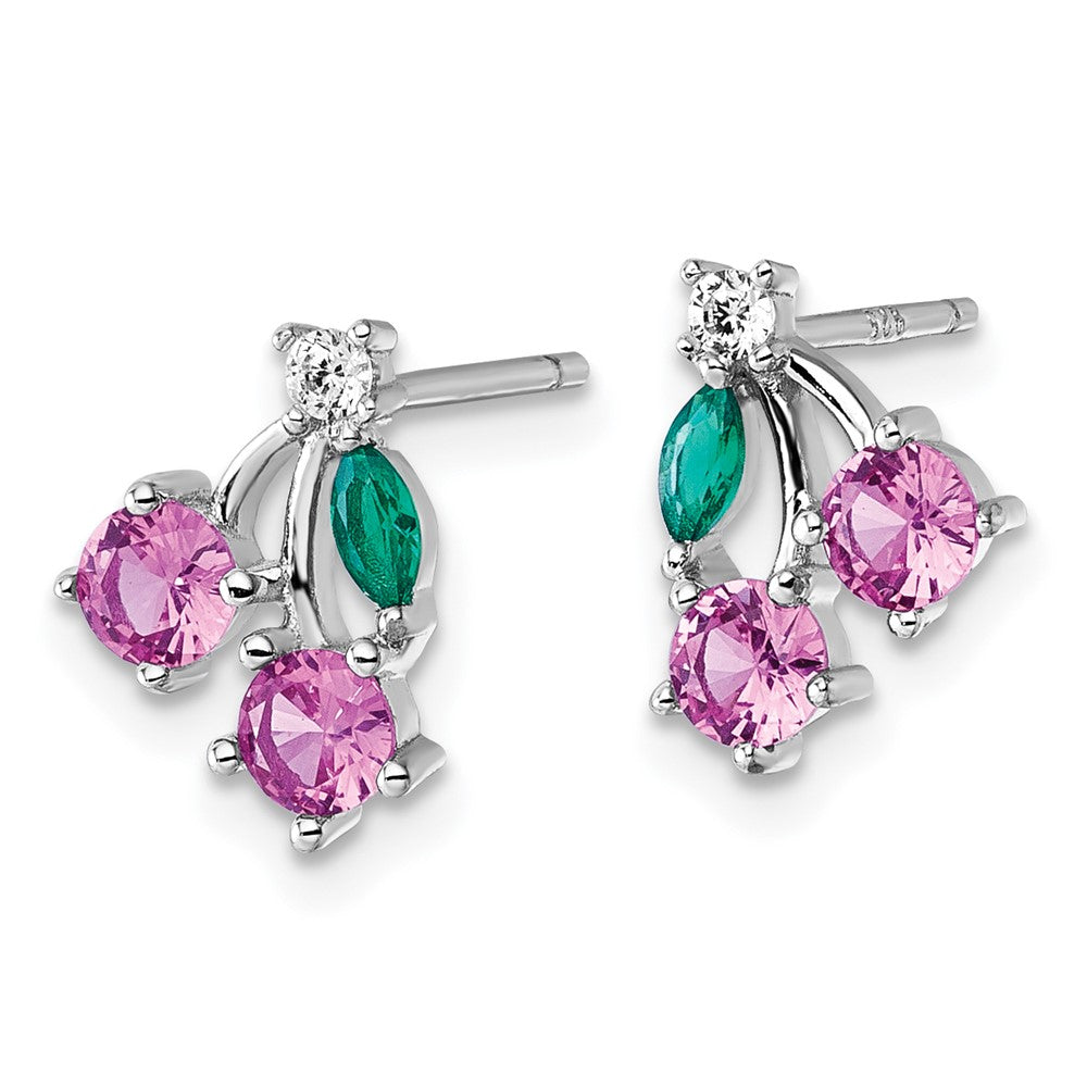 Sterling Silver Rhod-Pl CZ Lab Cr Corundum & Green Glass Cherry Post Earrin