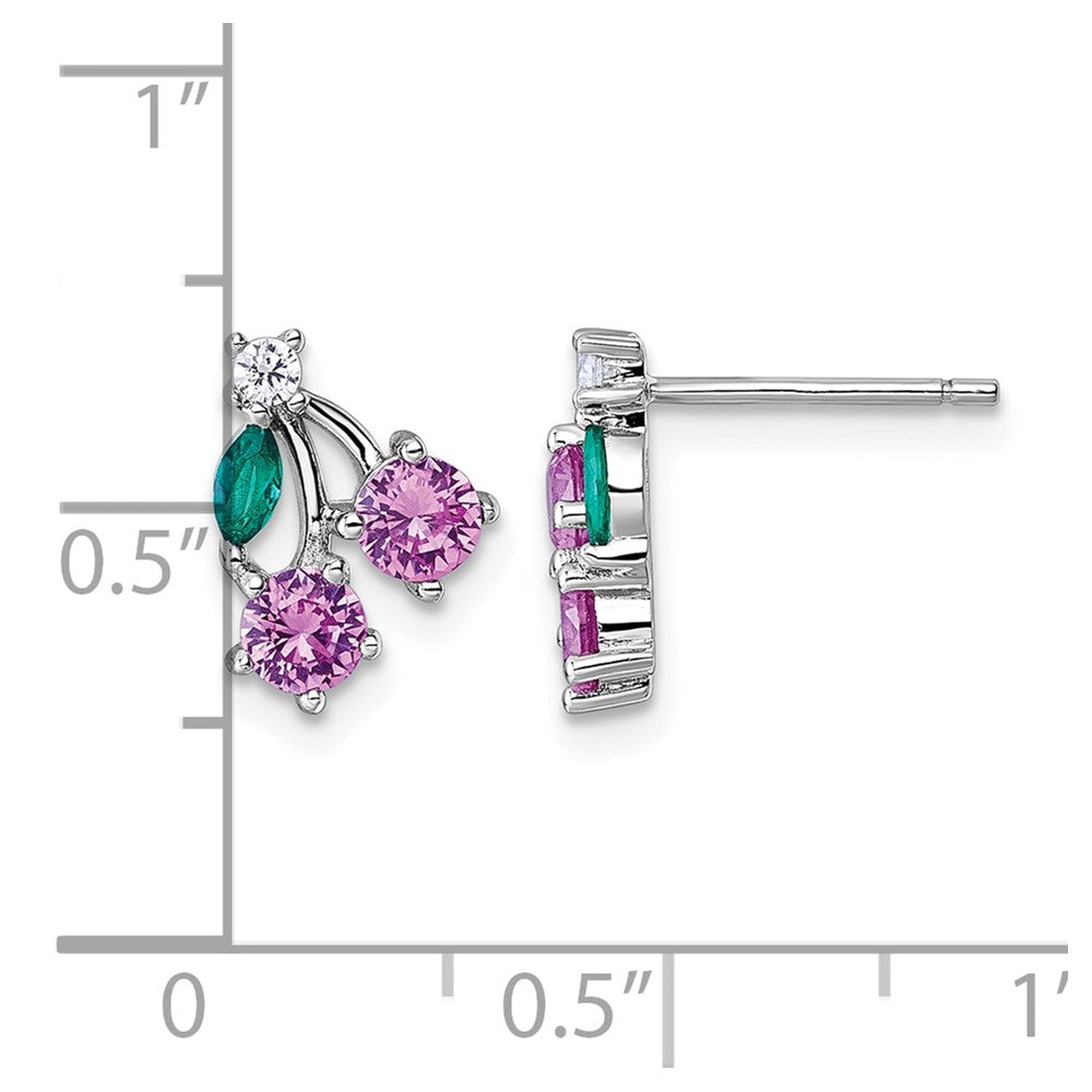 Sterling Silver Rhod-Pl CZ Lab Cr Corundum & Green Glass Cherry Post Earrin
