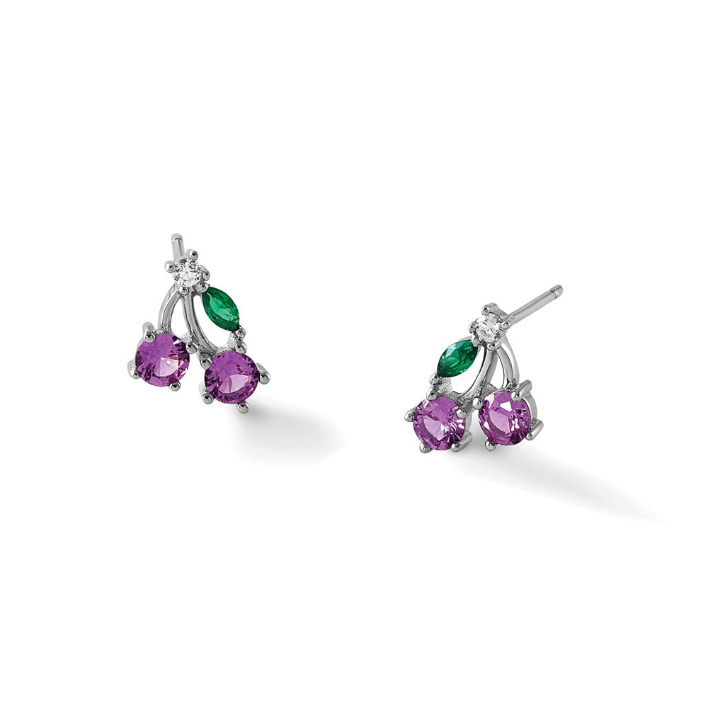 Sterling Silver Rhod-Pl CZ Lab Cr Corundum & Green Glass Cherry Post Earrin