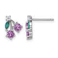 Sterling Silver Rhod-Pl CZ Lab Cr Corundum & Green Glass Cherry Post Earrin