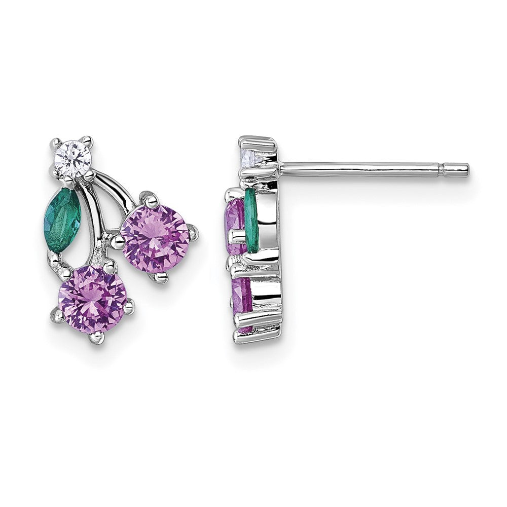 Sterling Silver Rhod-Pl CZ Lab Cr Corundum & Green Glass Cherry Post Earrin