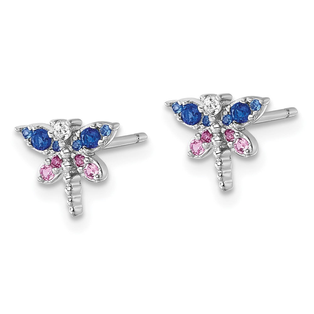 Sterling Silver Rhod-Pl CZ Lab Cr Corundum & Blue Glass Dragonfly Earrings