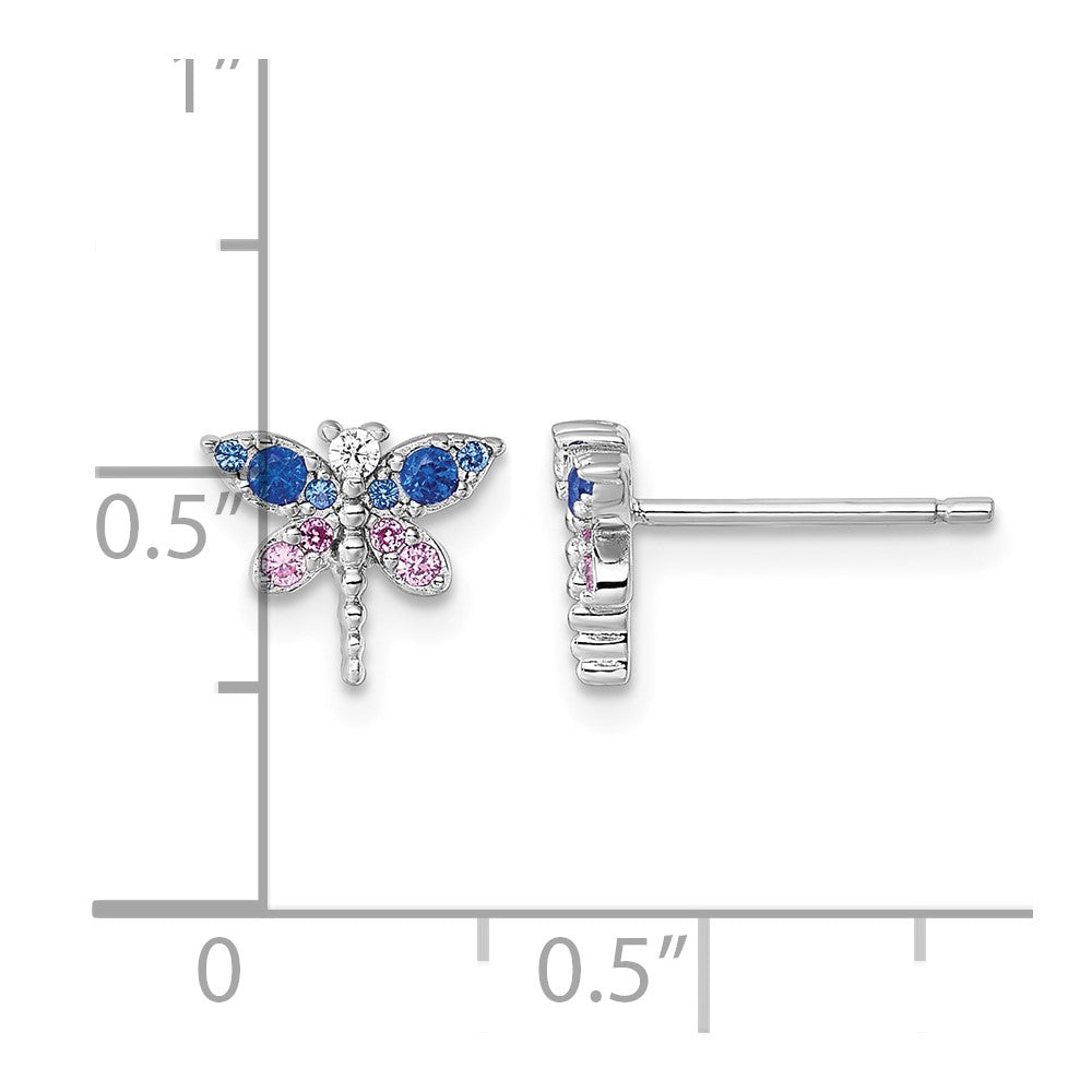 Sterling Silver Rhod-Pl CZ Lab Cr Corundum & Blue Glass Dragonfly Earrings