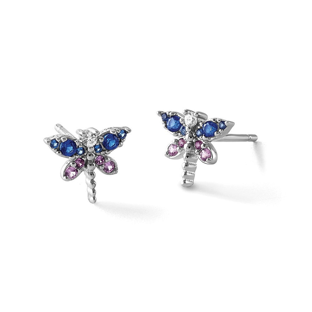 Sterling Silver Rhod-Pl CZ Lab Cr Corundum & Blue Glass Dragonfly Earrings