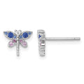 Sterling Silver Rhod-Pl CZ Lab Cr Corundum & Blue Glass Dragonfly Earrings