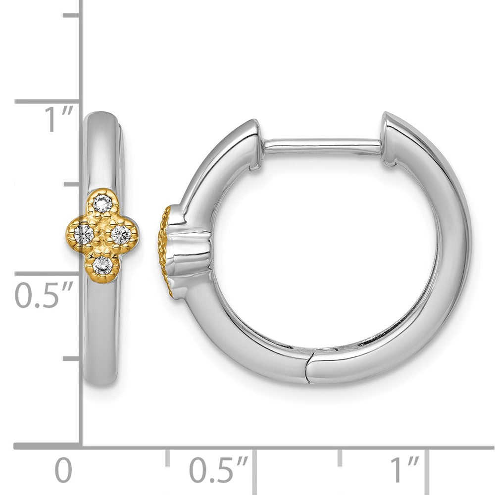 Sterling Silver RH-pl w/14k Accent Polished CZ Hinged Hoop Earrings