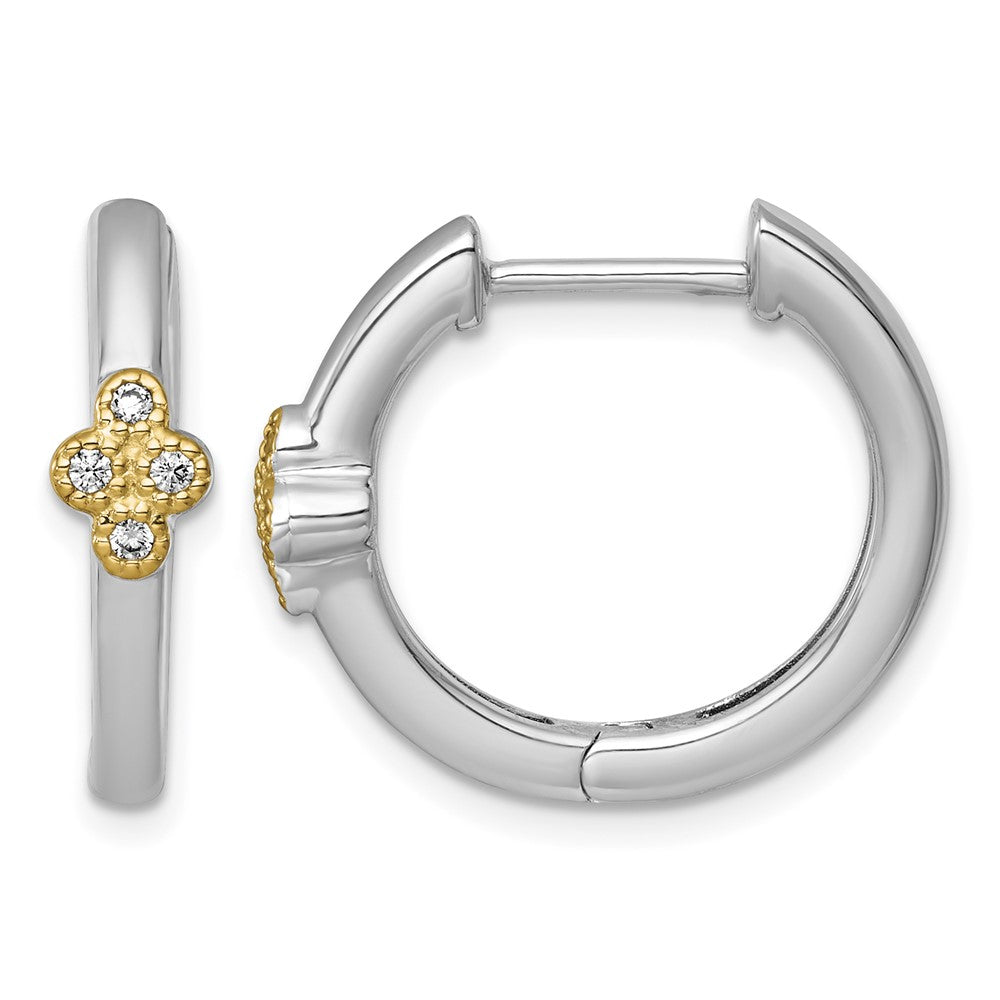 Sterling Silver RH-pl w/14k Accent Polished CZ Hinged Hoop Earrings