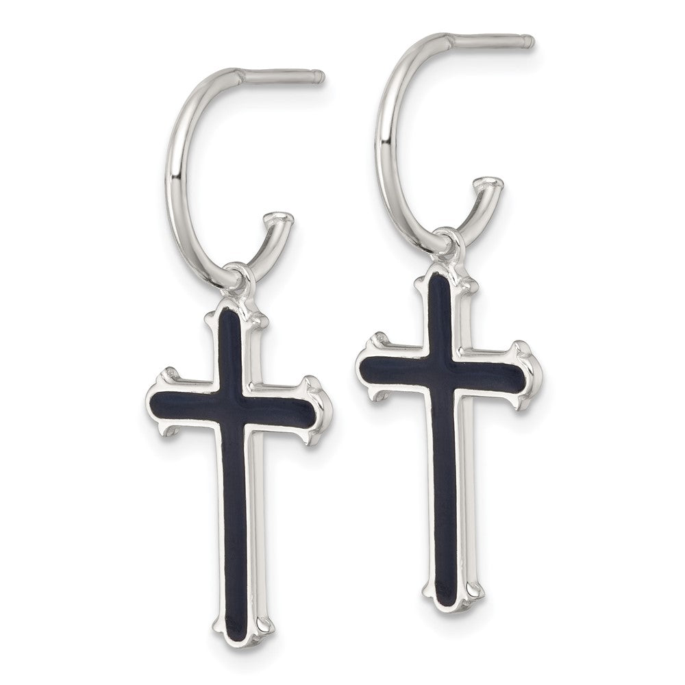 Sterling Silver Polished Black Enamel Cross Dangle Post C-Hoop Earrings