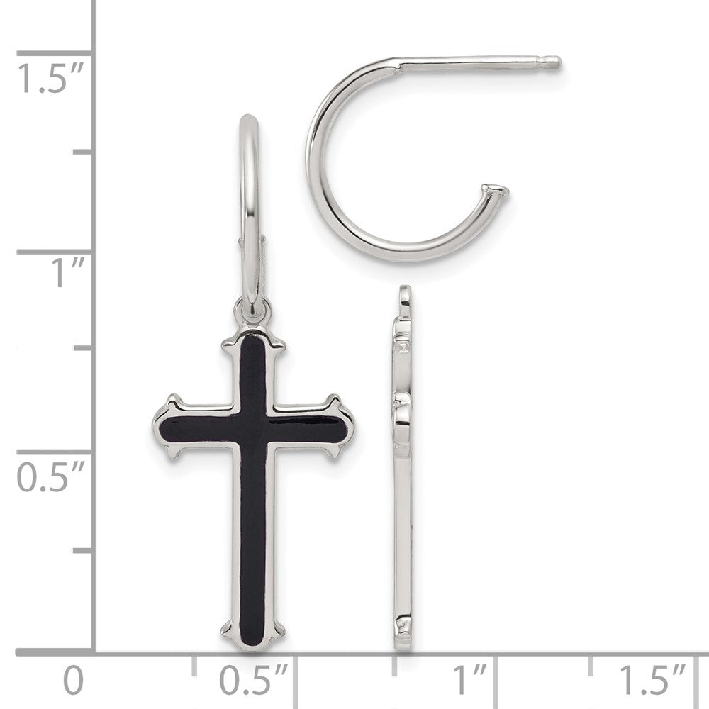 Sterling Silver Polished Black Enamel Cross Dangle Post C-Hoop Earrings