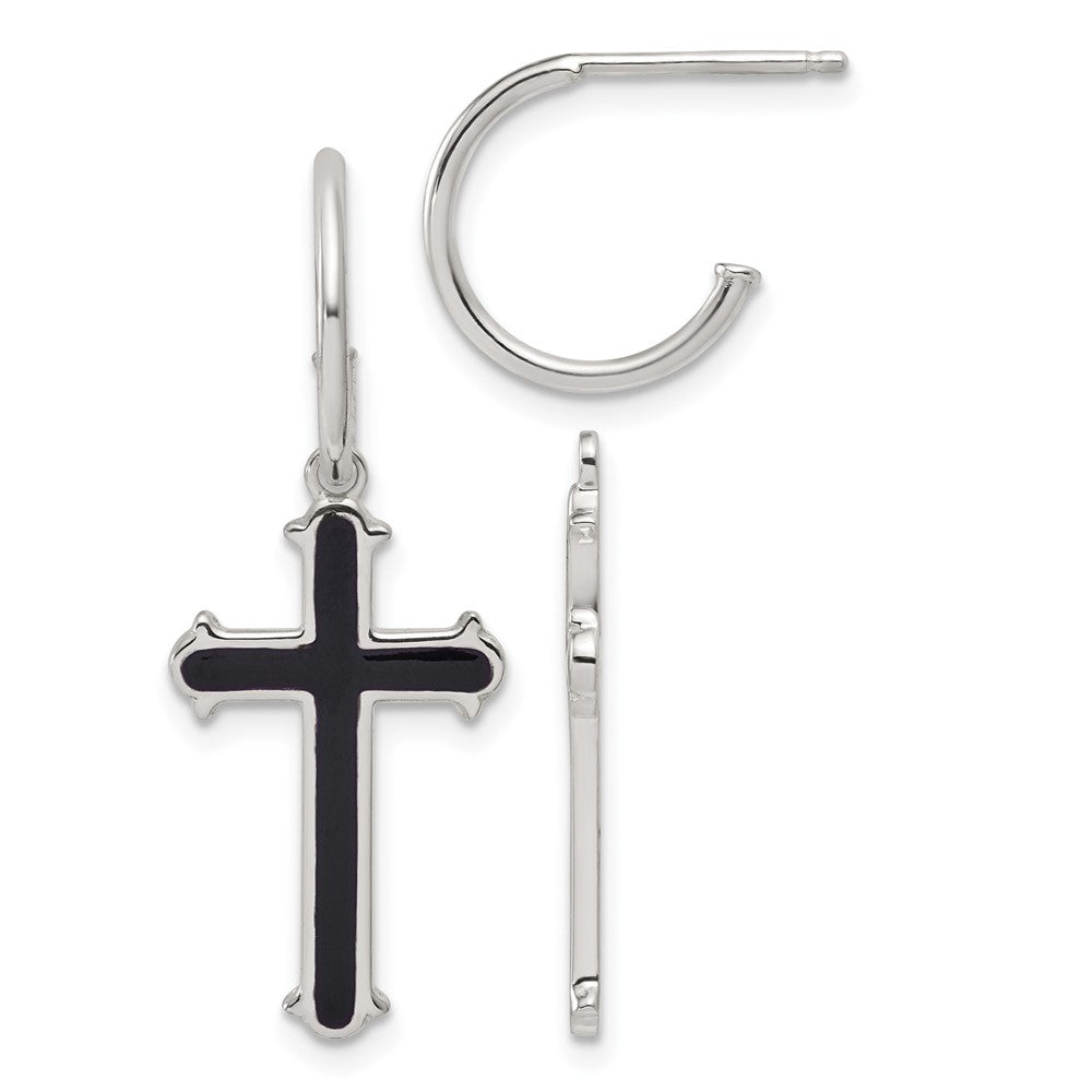 Sterling Silver Polished Black Enamel Cross Dangle Post C-Hoop Earrings