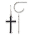 Sterling Silver Polished Black Enamel Cross Dangle Post C-Hoop Earrings