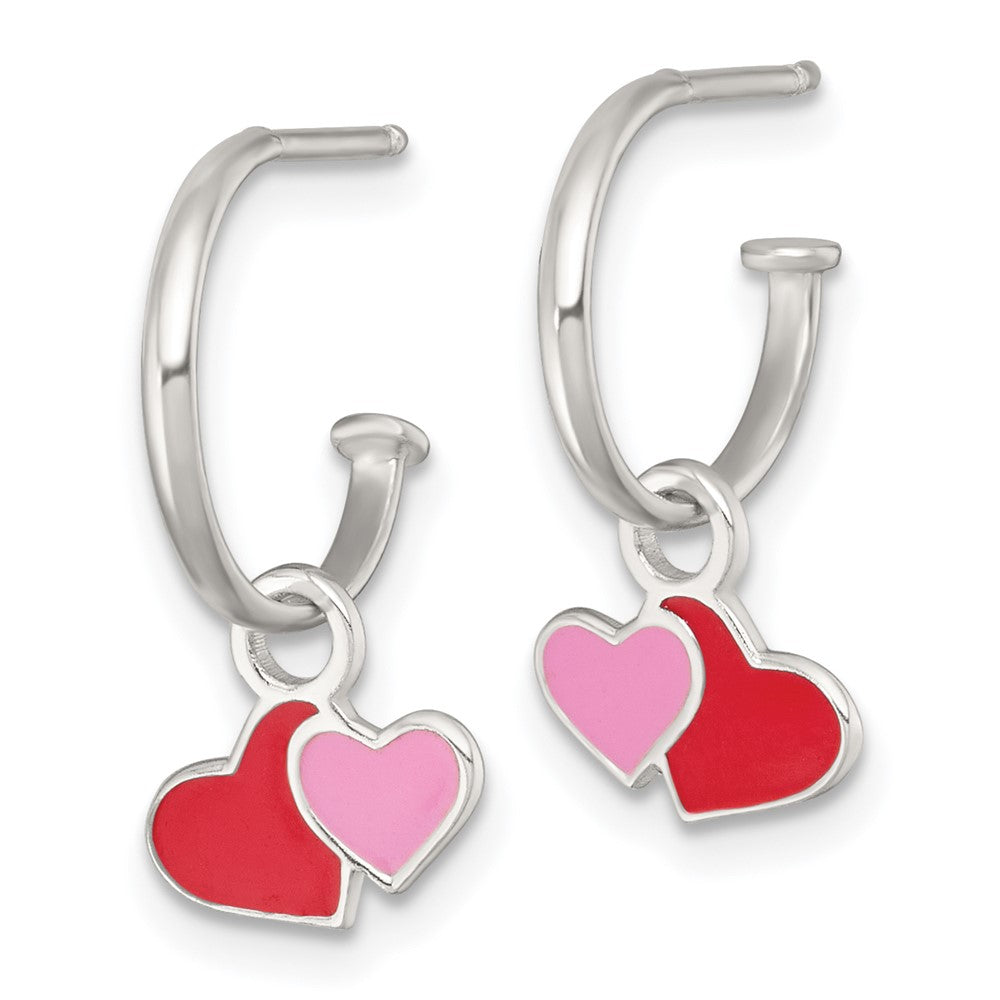 Sterling Silver Enameled Hearts Post C-Hoop Dangle Earrings