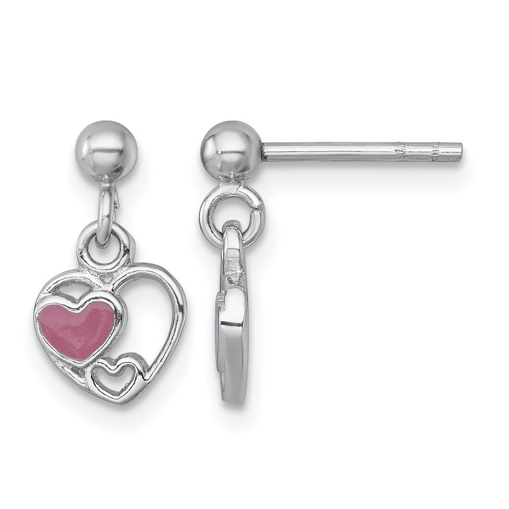 Sterling Silver Rhodium-plated Enamel Triple Heart Post Dangle Earrings