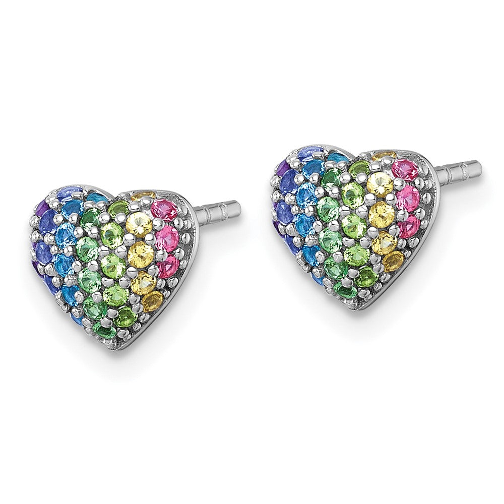 Sterling Silver RH-pltd Multi-color Nano Crystals Heart Post Earrings