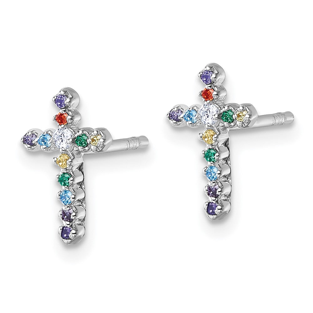 Sterling Silver Rh-plated Multi-color CZ Cross Post Earrings