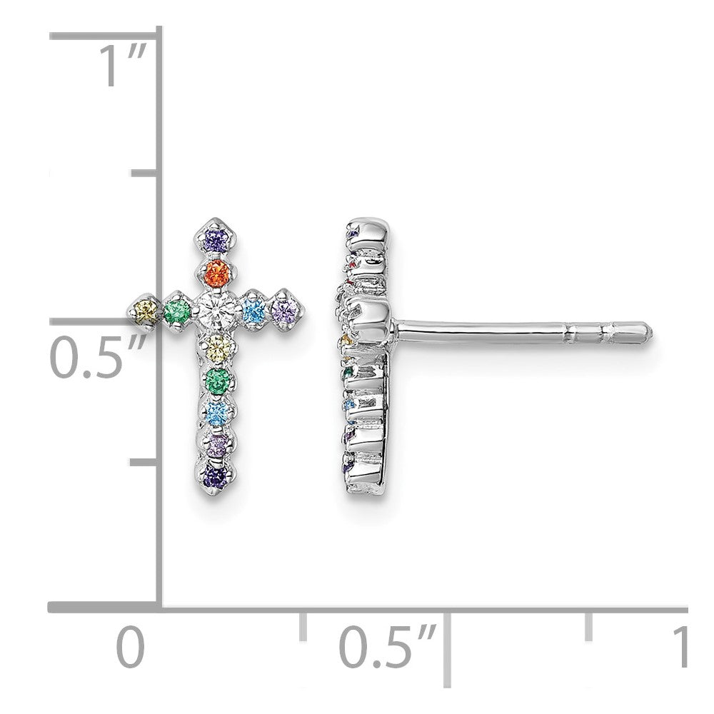 Sterling Silver Rh-plated Multi-color CZ Cross Post Earrings