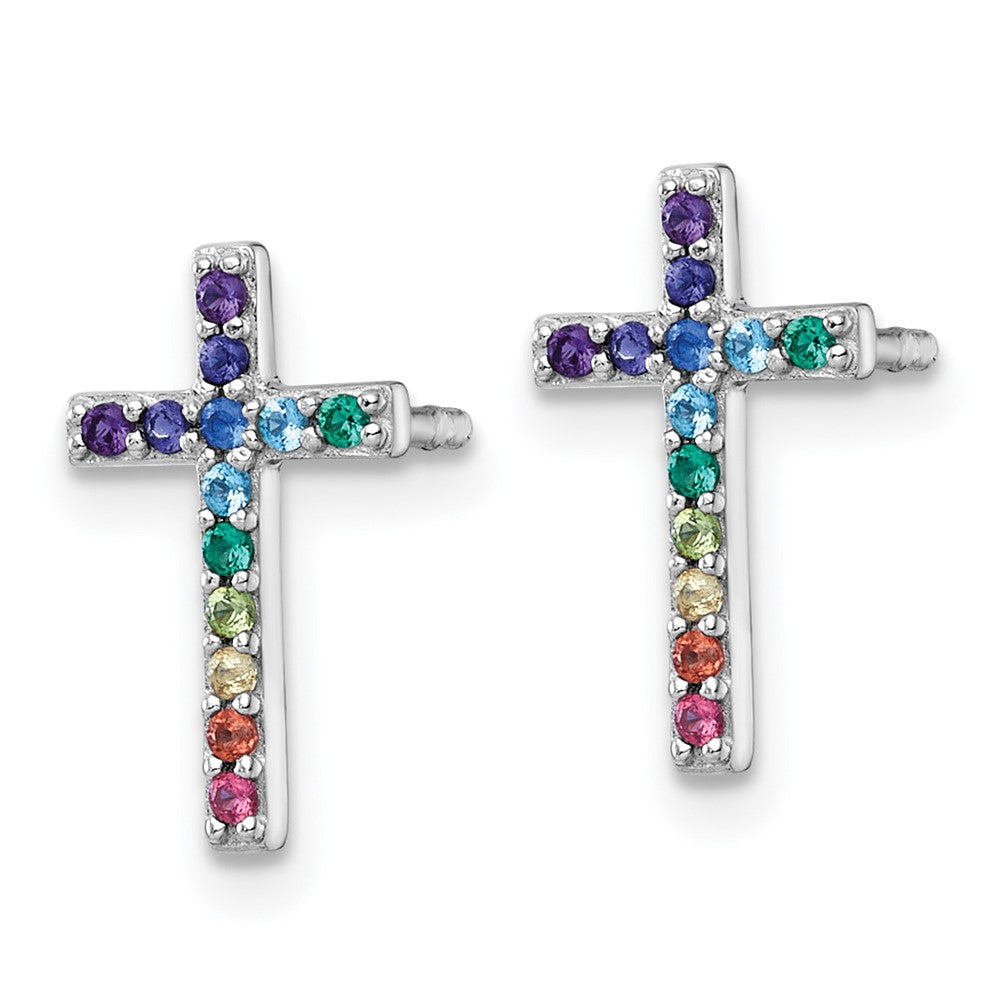 Sterling Silver RH-pltd Multi-color Nano Crystal Cross Post Earrings