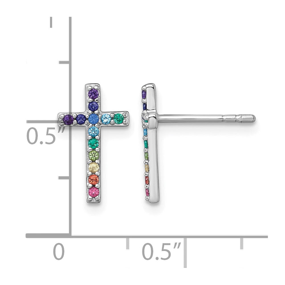 Sterling Silver RH-pltd Multi-color Nano Crystal Cross Post Earrings