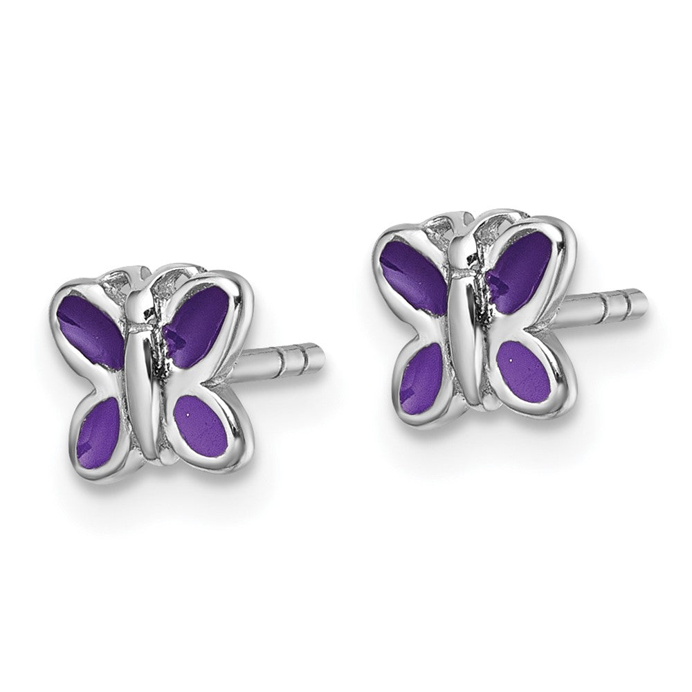 Sterling Silver Rh-plated Purple Enamel Petite Butterfly Post Earrings