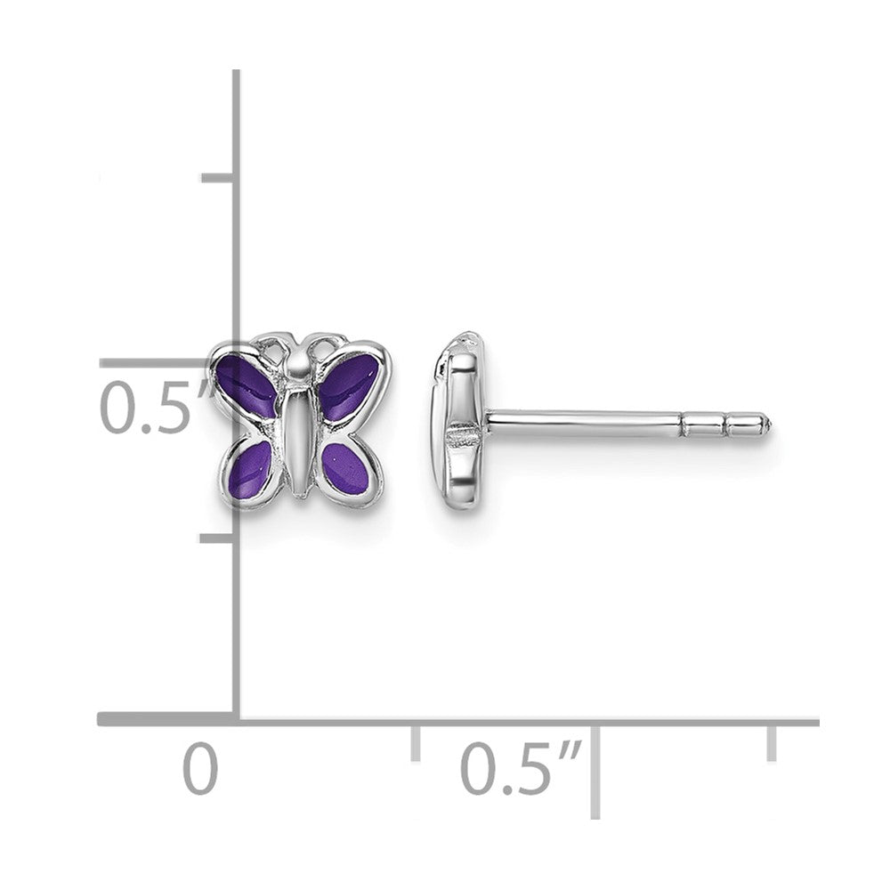Sterling Silver Rh-plated Purple Enamel Petite Butterfly Post Earrings