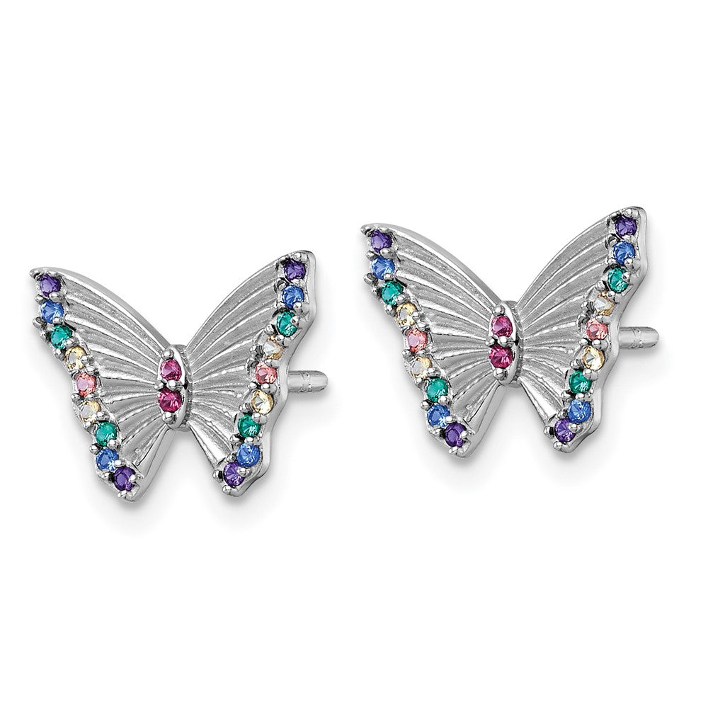 Sterling Silver RH-pl Rainbow Nano Crystals Butterfly Post Earrings
