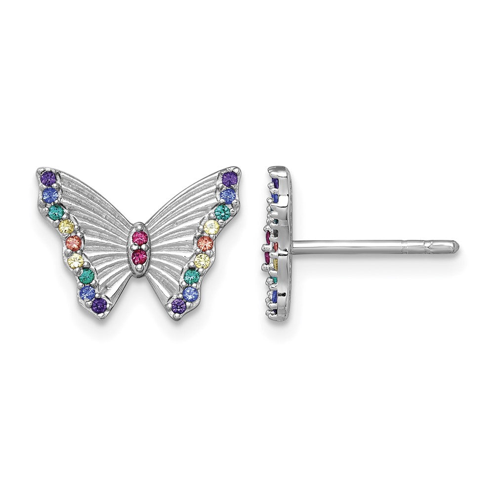 Sterling Silver RH-pl Rainbow Nano Crystals Butterfly Post Earrings