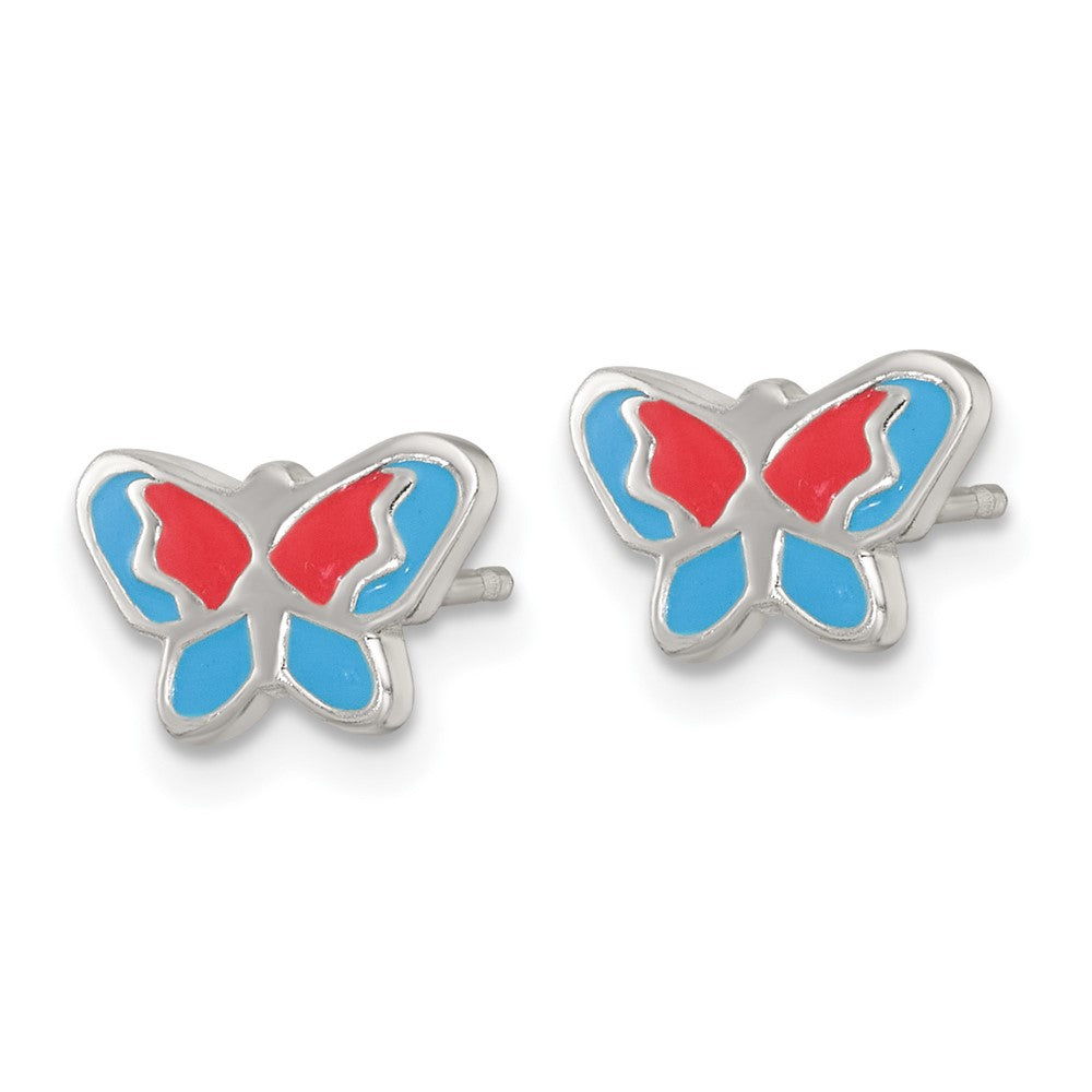 Sterling Silver Polished Enameled Butterfly Post Earrings