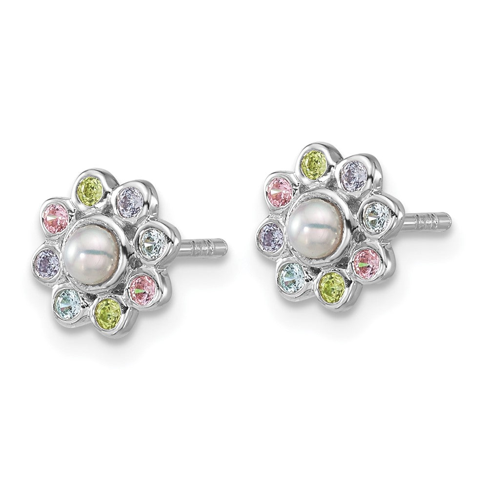 Sterling Silver Rh-pltd CZ and FWC Pearl Dainty Post Flower Earrings