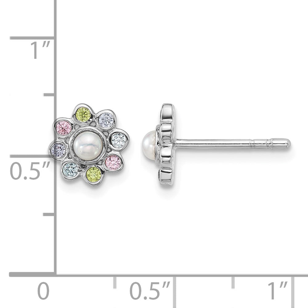 Sterling Silver Rh-pltd CZ and FWC Pearl Dainty Post Flower Earrings