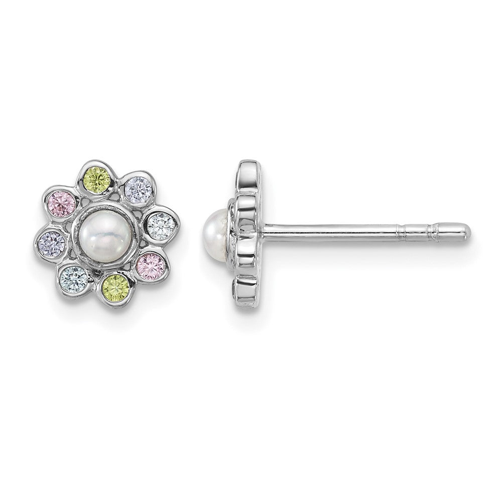 Sterling Silver Rh-pltd CZ and FWC Pearl Dainty Post Flower Earrings