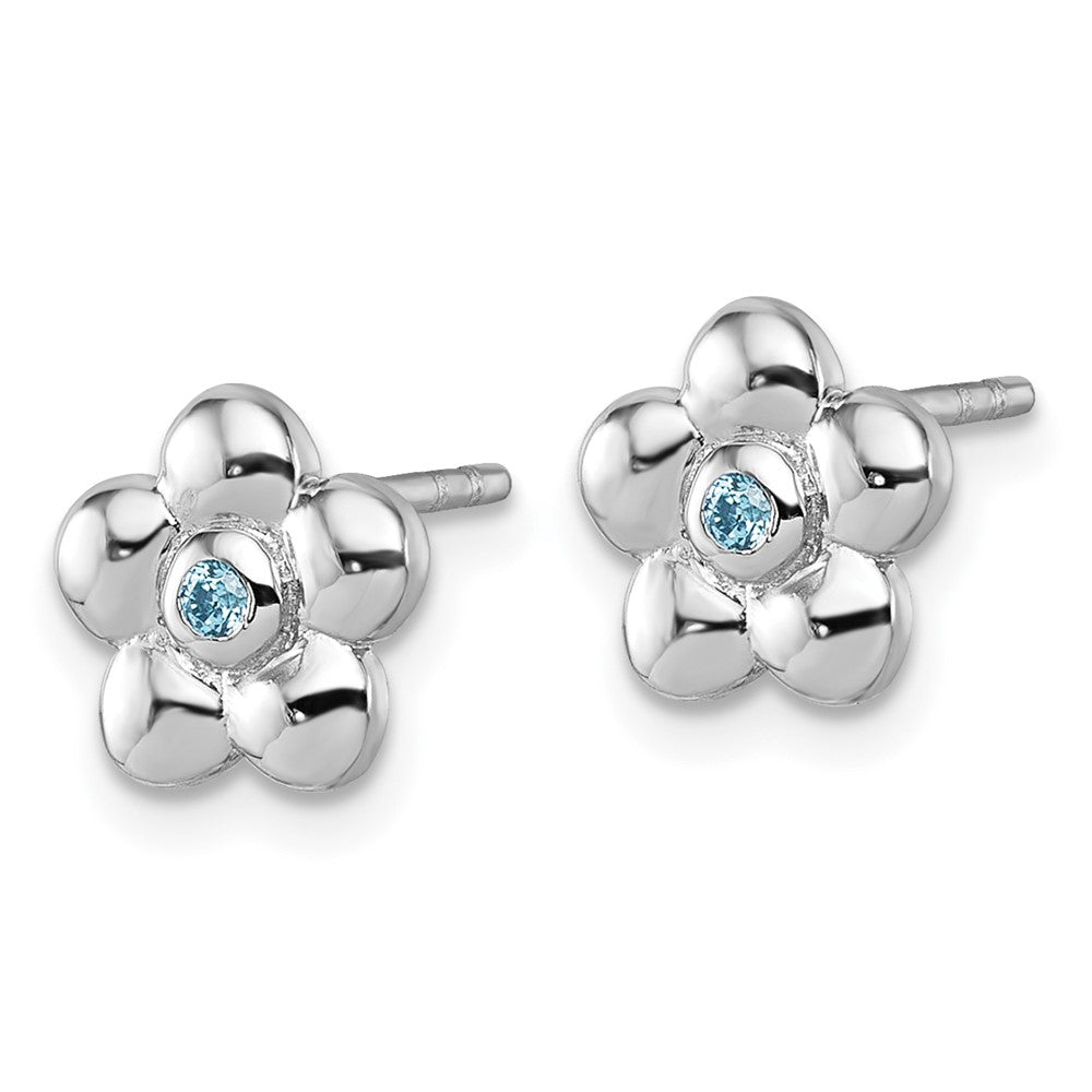 Sterling Silver Rh-plated Polished Blue CZ Flower Post Earrings
