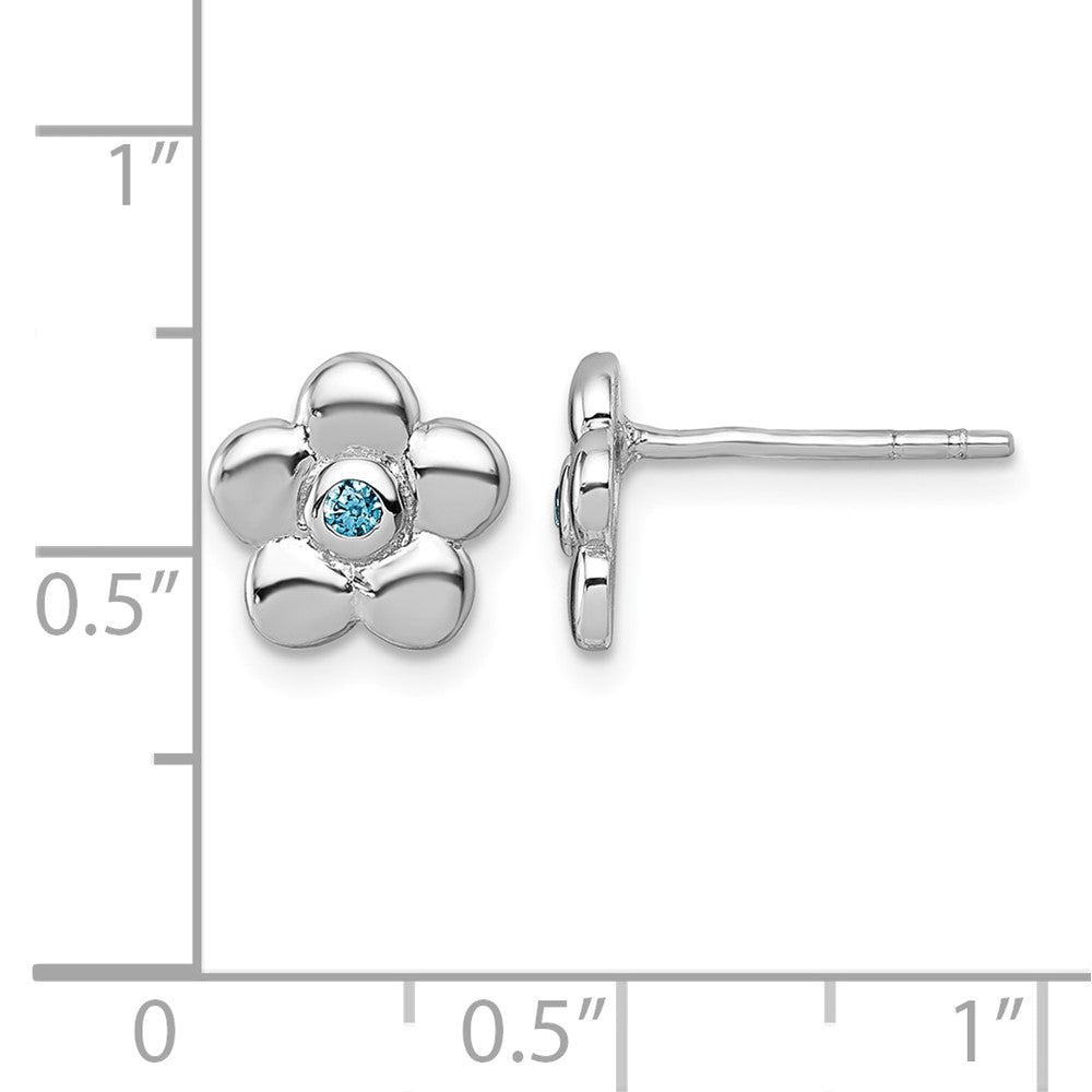 Sterling Silver Rh-plated Polished Blue CZ Flower Post Earrings
