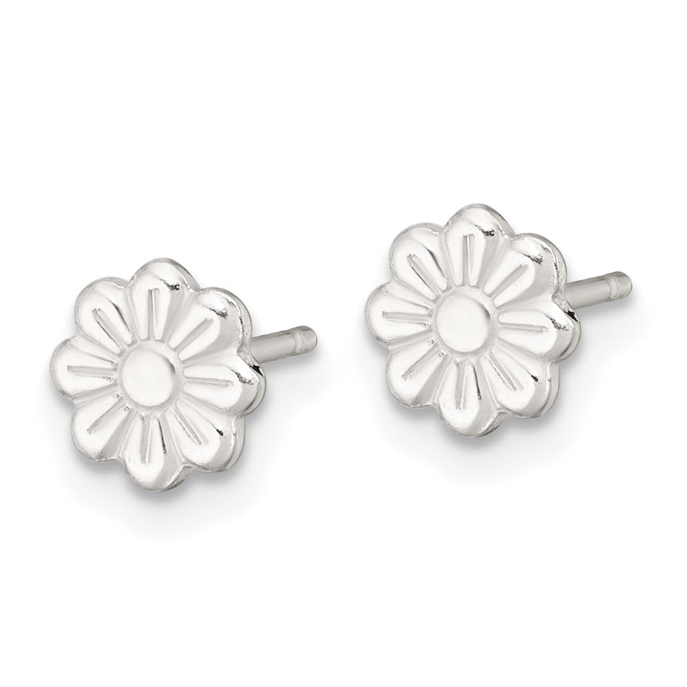 Sterling Silver Polished and Grooved Flower Petite Post Earrings