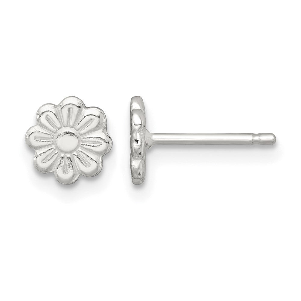 Sterling Silver Polished and Grooved Flower Petite Post Earrings