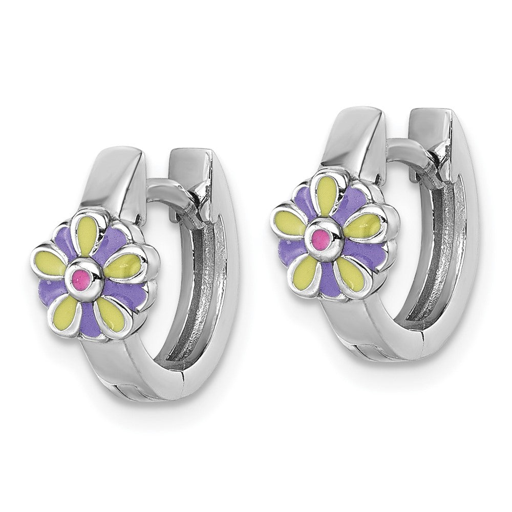 Sterling Silver Rh-plated Children's Enamel Flower Hinged Hoop Earrings
