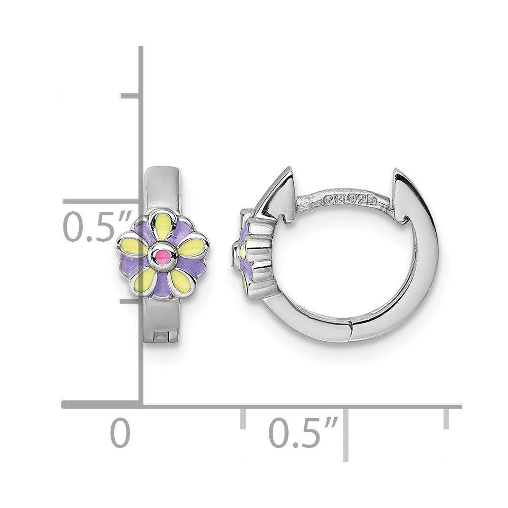 Sterling Silver Rh-plated Children's Enamel Flower Hinged Hoop Earrings