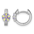 Sterling Silver Rh-plated Children's Enamel Flower Hinged Hoop Earrings
