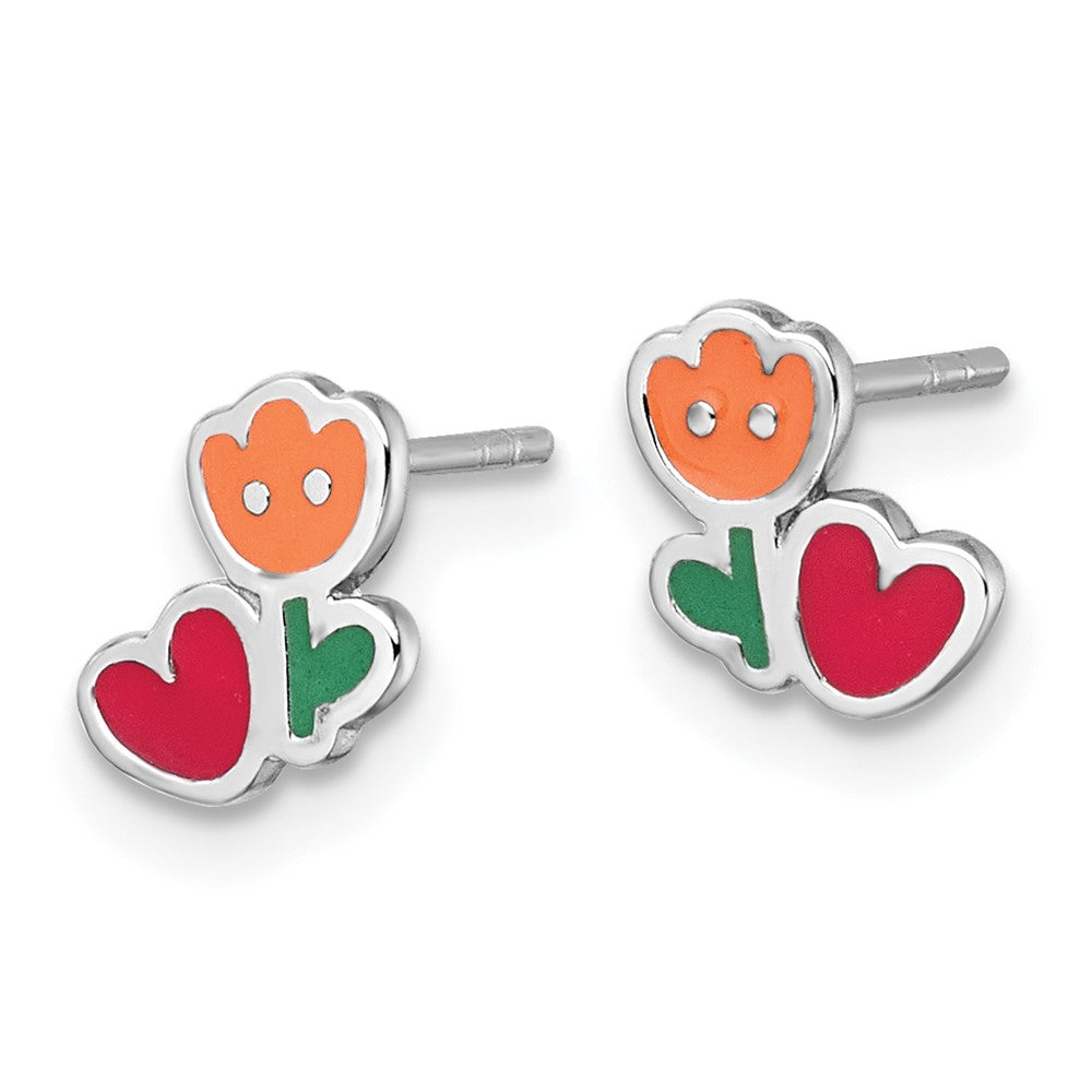 Sterling Silver Rhodium-plated Enamel Flower Heart Petite Post Earrings