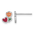 Sterling Silver Rhodium-plated Enamel Flower Heart Petite Post Earrings