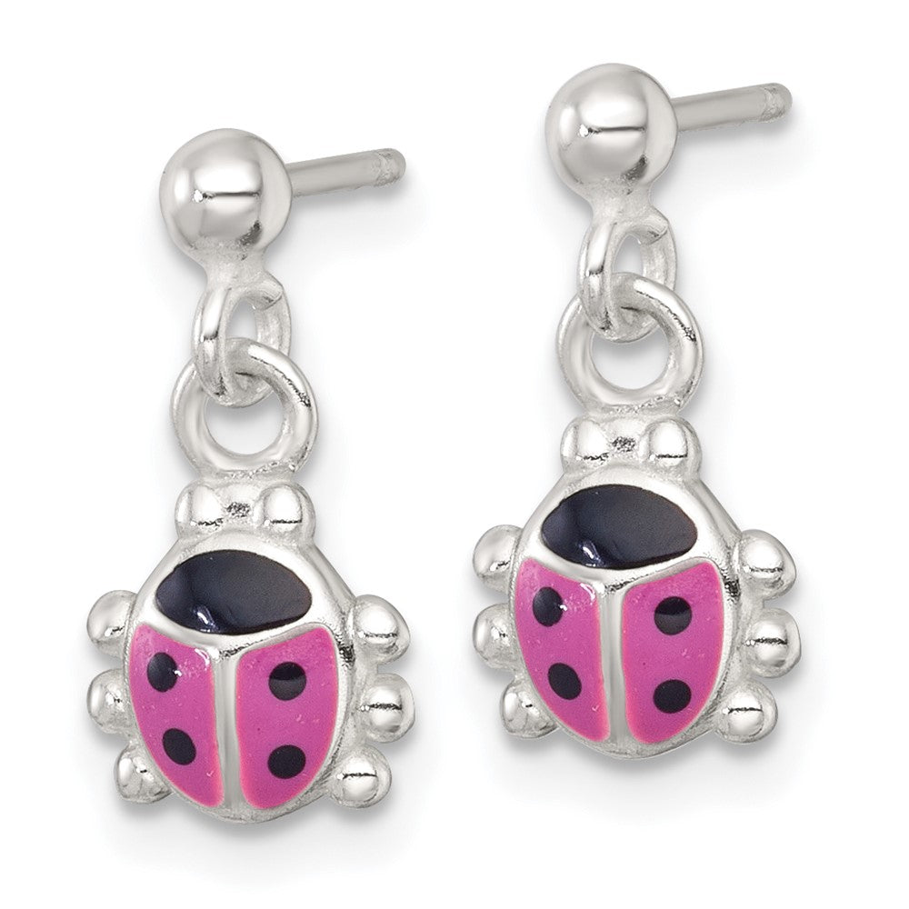 Sterling Silver Polished Enameled Ladybug Dangle Post Earrings