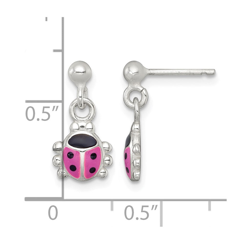 Sterling Silver Polished Enameled Ladybug Dangle Post Earrings