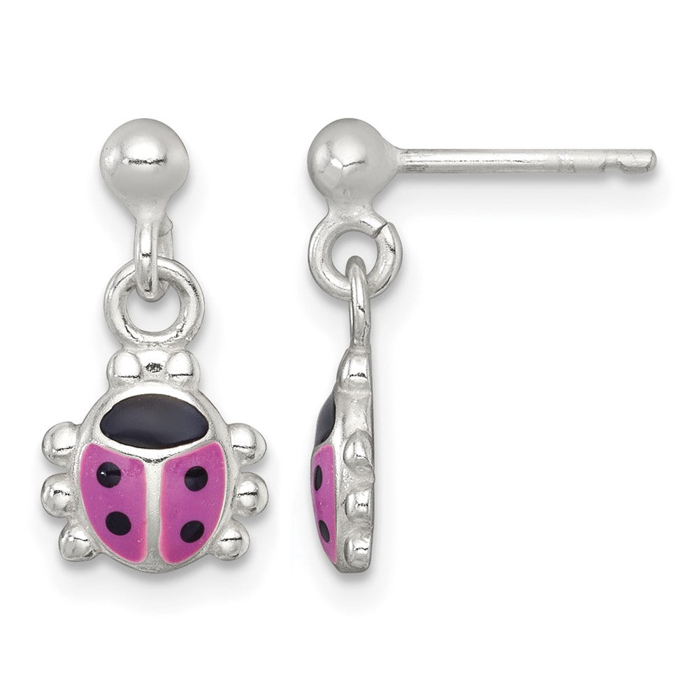 Sterling Silver Polished Enameled Ladybug Dangle Post Earrings