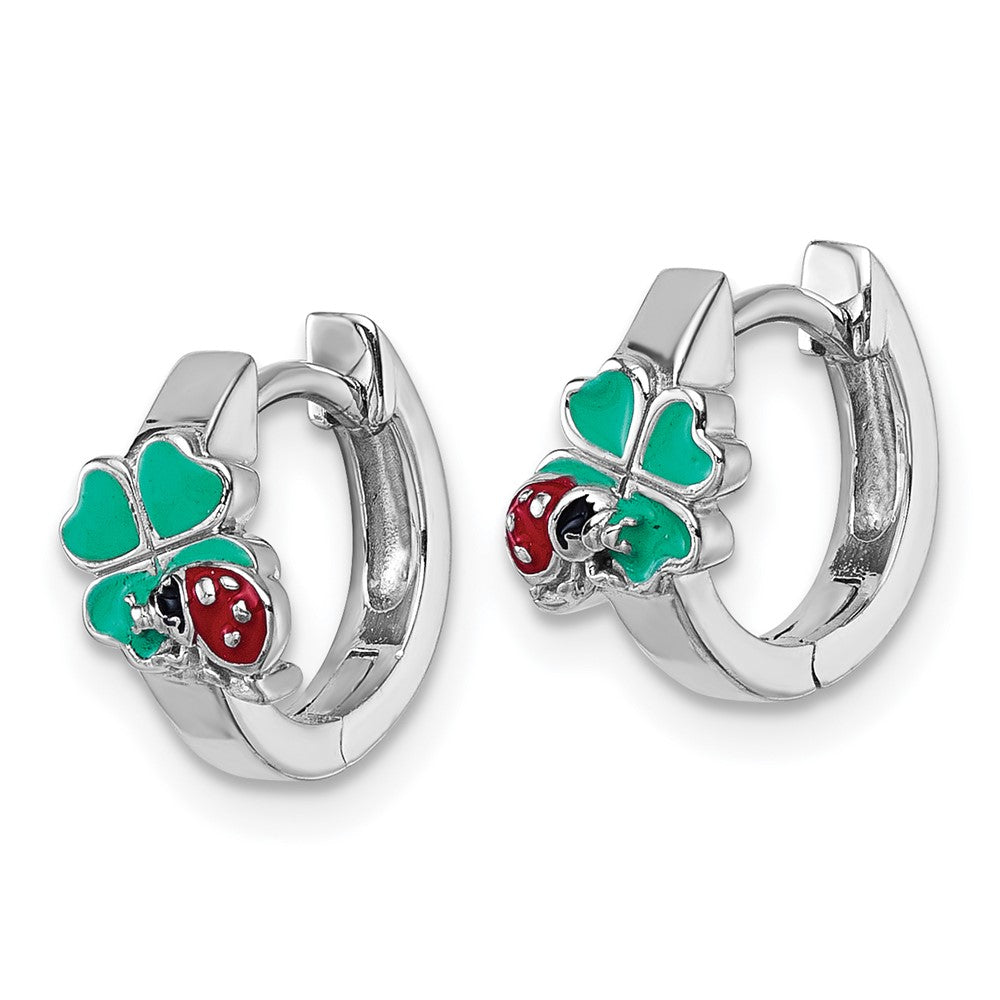 Sterling Silver Rh-plated Enameled Ladybug and Clover Hoop Earrings