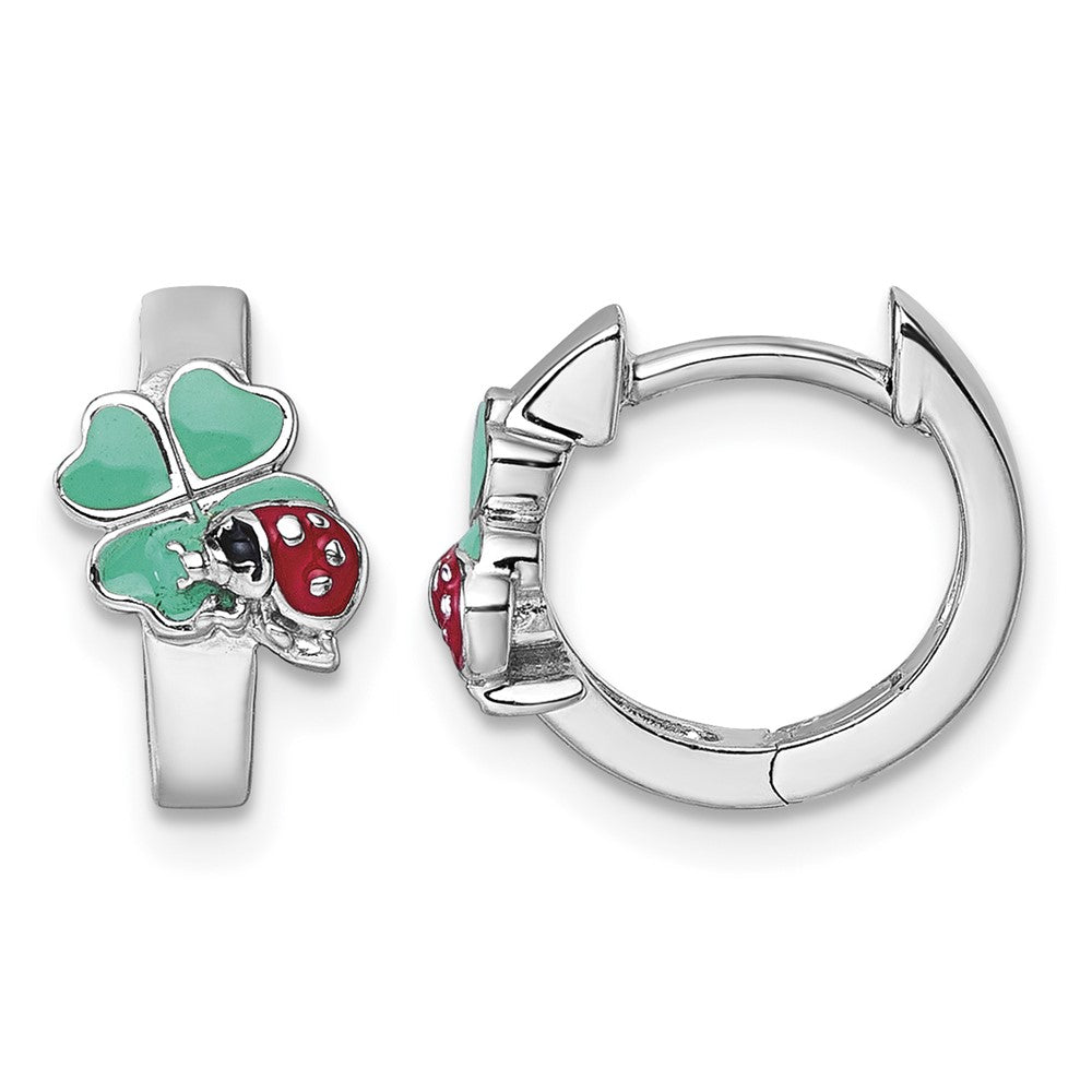 Sterling Silver Rh-plated Enameled Ladybug and Clover Hoop Earrings