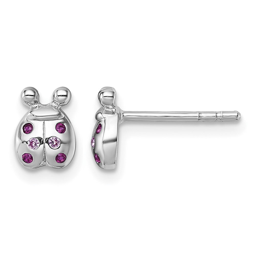 Sterling Silver Rh-pl Children's Pink Red CZ Lady Bug Post Earrings