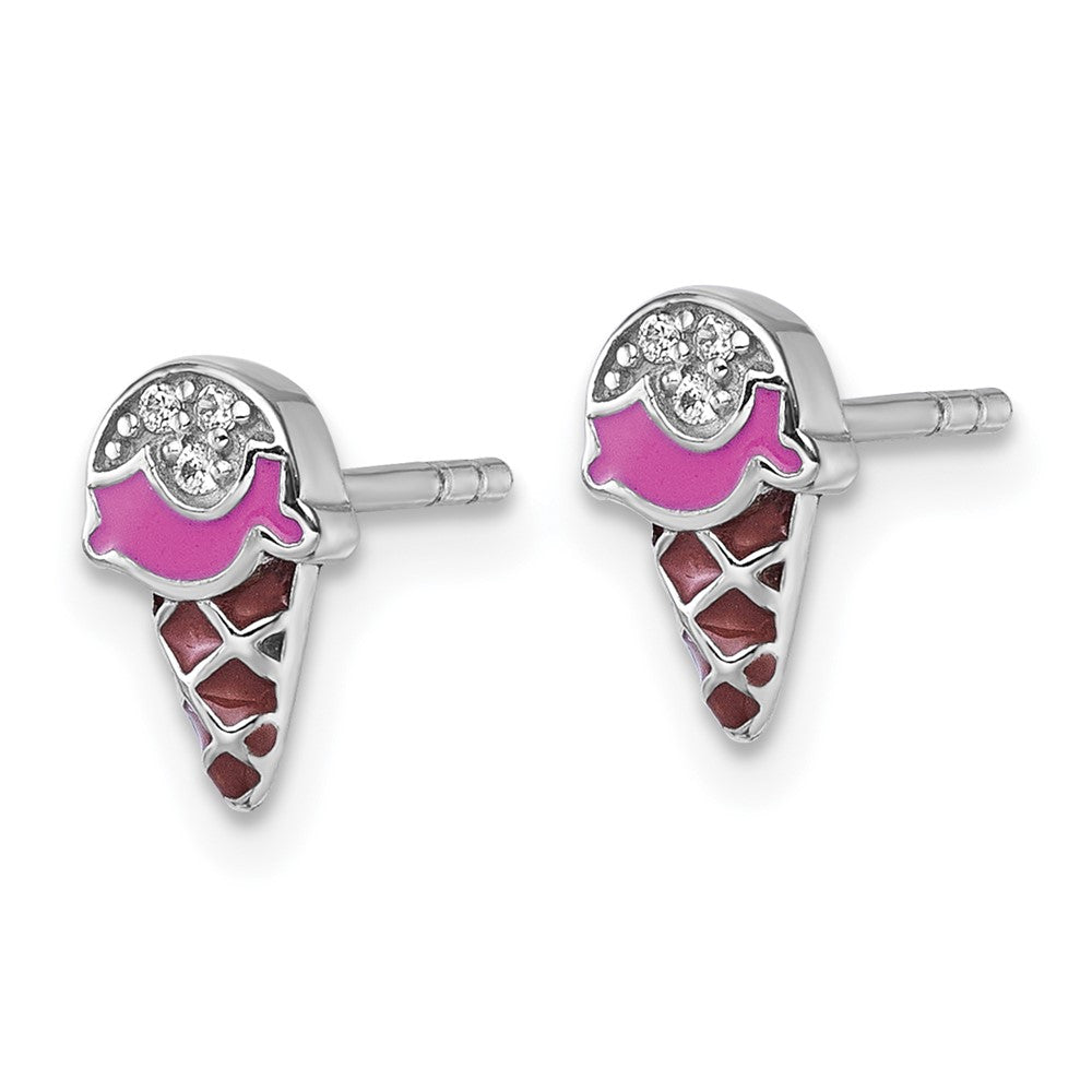 Sterling Silver RH-plated Enamel CZ Ice Cream Cone Post Earrings