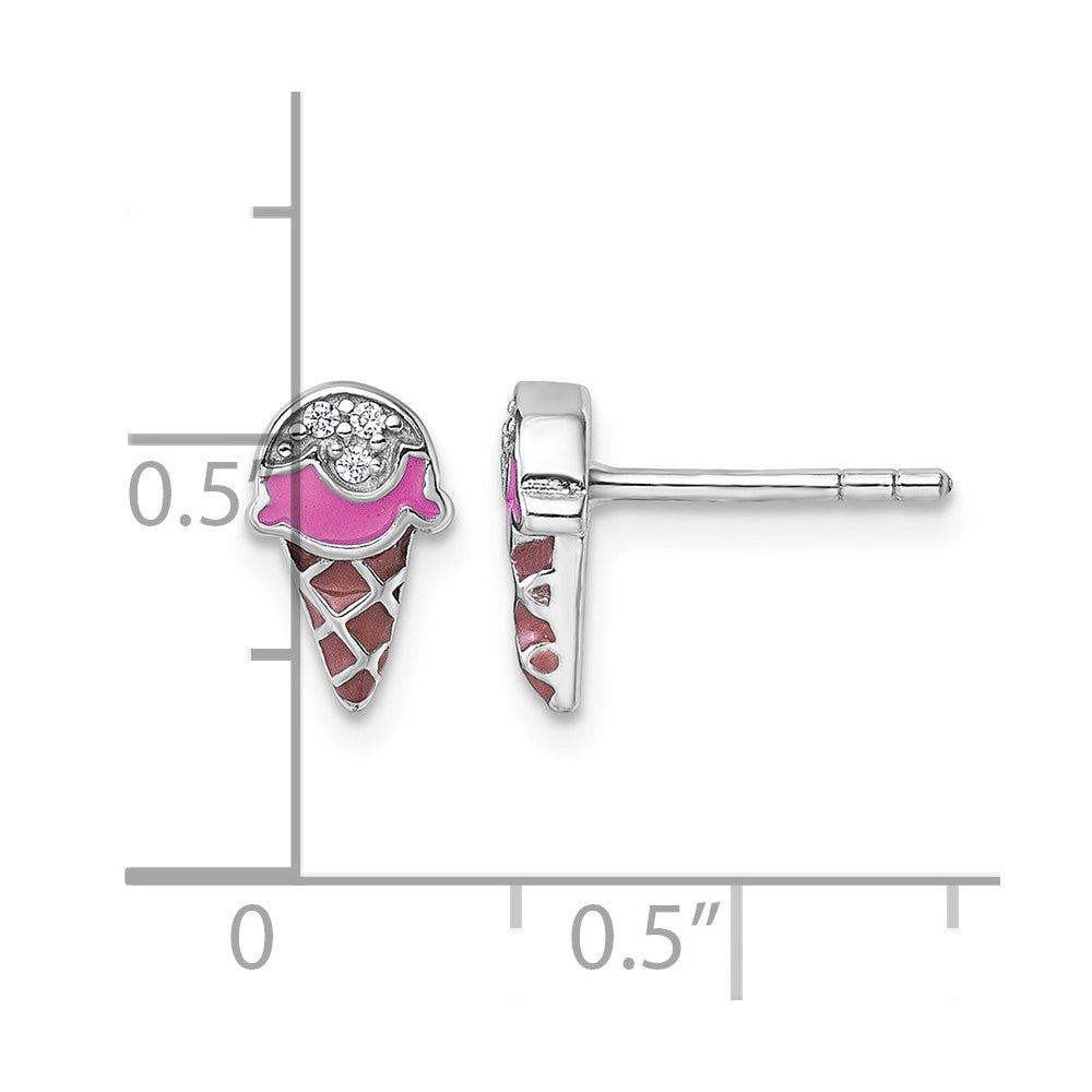 Sterling Silver RH-plated Enamel CZ Ice Cream Cone Post Earrings