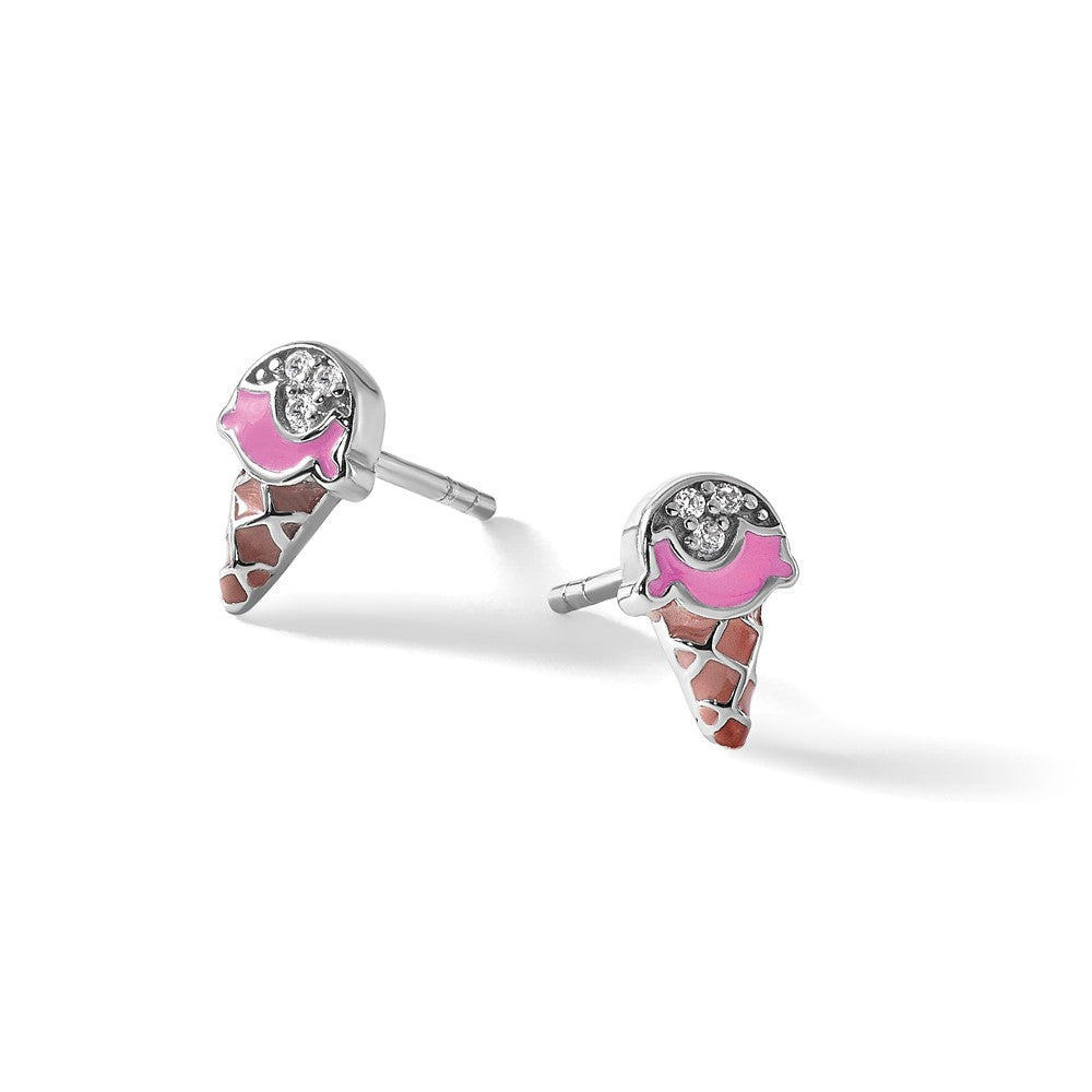 Sterling Silver RH-plated Enamel CZ Ice Cream Cone Post Earrings