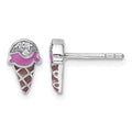 Sterling Silver RH-plated Enamel CZ Ice Cream Cone Post Earrings